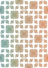 Decorative pattern features both square and clover shapes that contain ornate floral or geometric designs.