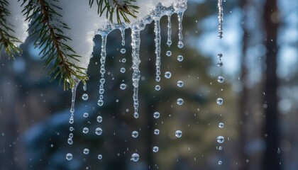 Melting icicles dripping sparkling water droplets from a snow-covered evergreen branch on a bright winter day.