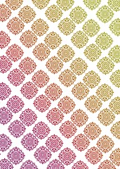 A pattern of flower-like designs repeats diagonally across a white background. The colors gradient from red/purple to orange to green, creating a visually interesting texture.