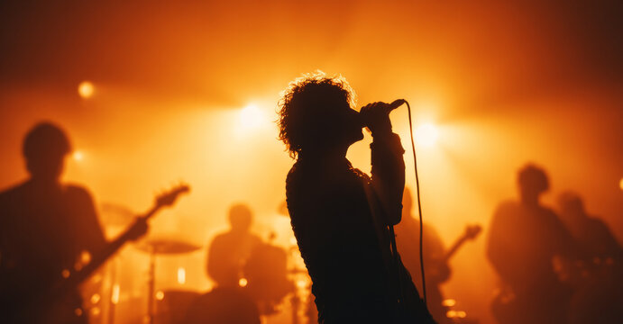 Dramatic shot of rock band in concert, frontman singing passionately against vibrant orange backdrop - Powered by Adobe