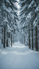 Snowy winter forest path winding through tall, snow-covered pine trees in a serene, peaceful landscape scene.