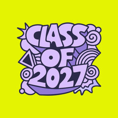 Class of 2027 doodle with purple shapes and yellow background
