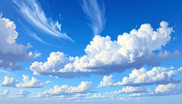A vibrant blue sky adorned with fluffy, white cumulus clouds. Some wispy cirrus clouds add texture. The view suggests a serene, sunny day - Powered by Adobe