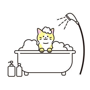 お風呂に入るネコのアイコンイラスト