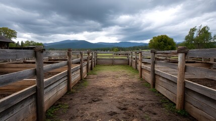 Obraz premium Rustic wooden live pen with weathered fences and distant mountains under a dramatic cloudy sky