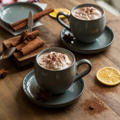 Warm & Cozy Hot Chocolate Mugs with Whipped Cream, Cinnamon Stic
