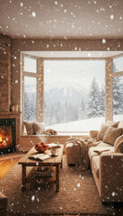 Cozy winter living room with warm fireplace and sleeping cat by the window, watching snow fall over mountains