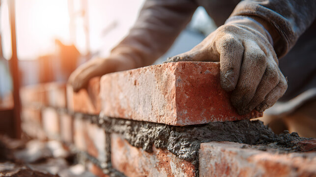 A construction worker builds a wall with bricks and cement. Illustration of the building background.