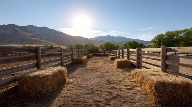 Sunlit ranch corral with hay bales and wooden fences against a mountain landscape at golden hour