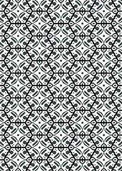 A detailed geometric design showcases a pattern of hexagons and swirling lines in black and white. This artwork highlights symmetry and modern aesthetics, making it eye-catching and unique.