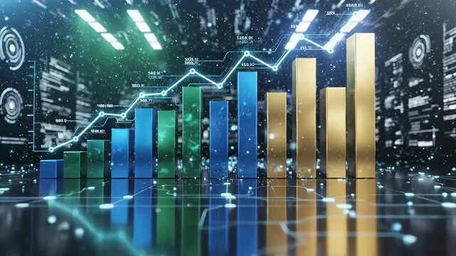 Dynamic 3D bar chart visualization with glowing blue and gold bars, digital data overlay, and futuristic interface in a dark environment, showcasing financial growth and analytics in a virtual setting - Powered by Adobe