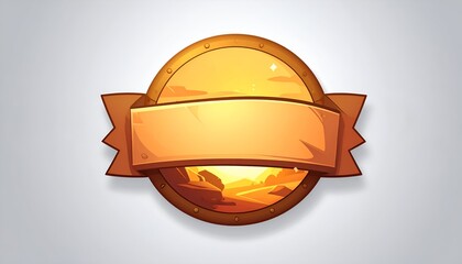 Golden badge with a landscape inside, featuring a ribbon for text on a white gradient