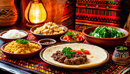 Assortment of Ethiopian or Eritrean cuisine with injera, spiced ground meat, lentil stew, rice, and fresh vegetables