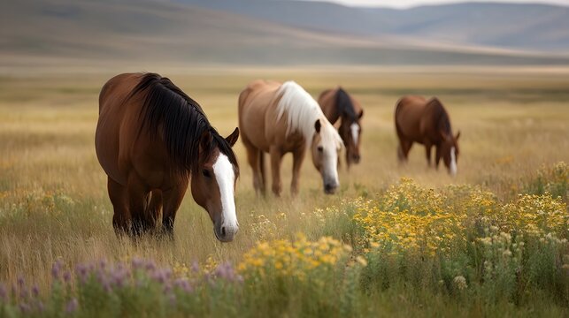 A serene herd of horses grazes in a vast prairie filled with wildflowers under soft diffused natural light