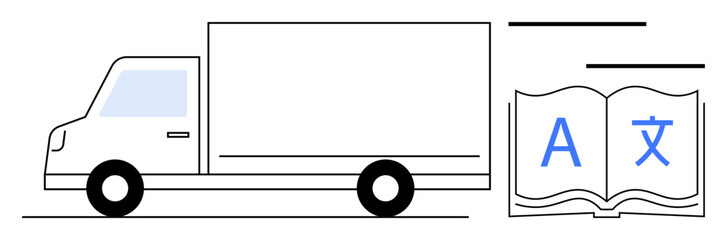 Delivery truck alongside open book with multilingual text portrays concepts of logistics, translation, and communication. Ideal for language service, globalization, education, transportation