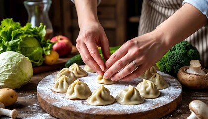 Female hands preparing homemade dough dumplings with fresh vegetables and ingredients on a rustic wooden table, healthy cooking concept