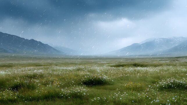 A vast rain swept meadow with colorful wildflowers and distant misty mountains under an overcast sky