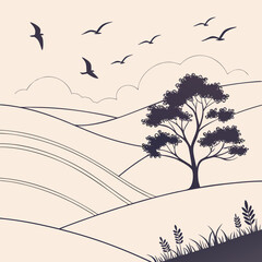 Silhouette landscape with tree, hills, clouds, and birds flying in the sky