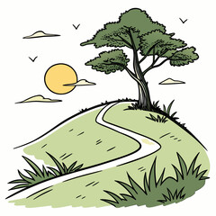 Scenic hilltop landscape with tree, path, sun, and birds isolated on