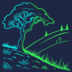 A serene landscape with a tree, rabbit, and rolling hills in neon colors