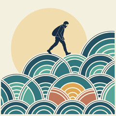 Man with backpack walking on hills with sun isolated on