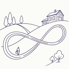 Infinity loop road with man walking towards house on hill, line art