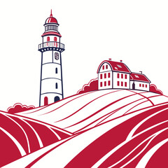 Lighthouse and house on hill isolated on illustration