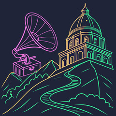 A vintage gramophone and building on hills in a colorful neon outline