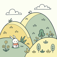 Cute cartoon landscape illustration with rabbit, bird, hills and clouds
