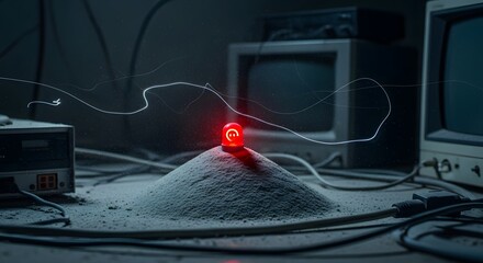 A small red indicator light on a mound of white powder in a laboratory setting with electronic equipment in the background