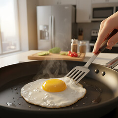 Close-up of a freshly fried egg being flipped with a spatula in a modern kitchen, highlighting the delicious start to a healthy morning breakfast preparation