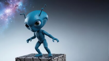 Blue Alien Figure on Stone Block with Galaxy Background.
