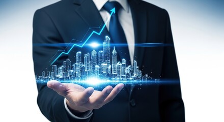 Businessman holding a futuristic holographic projection of a city skyline with an upward trending graph, symbolizing growth