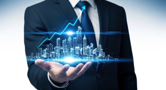 Businessman holding a futuristic holographic projection of a city skyline with an upward trending graph, symbolizing growth