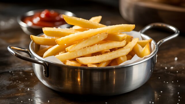 Golden crispy french fries in metal bowl with ketchup - Powered by Adobe