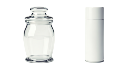 Empty Glass Jar and White Bottle on White Background.