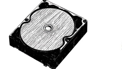 Monochrome Sketch of an Open Hard Disk Drive with Visible Platters and ReadWrite Head.
