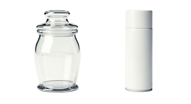 Empty Glass Jar and White Bottle on White Background.