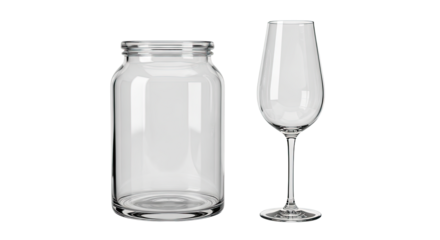 Empty Glass Jar and Wine Glass Set for Beverage Storage and Serving.