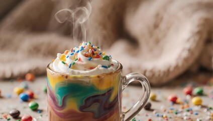 Colorful Hot Chocolate with Whipped Cream and Sprinkles.