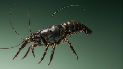 A dark colored crustacean with long antennae and segmented body on a green background.