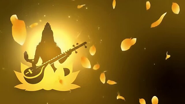 Vasant Panchami banner, warm yellow-saffron gradient background, Goddess Saraswati veena silhouette glowing softly