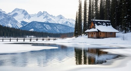 A rustic log cabin sits beside a partially frozen lake with snowcapped mountains in the background