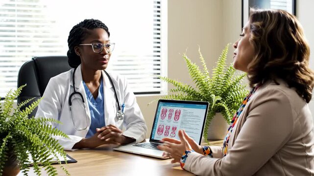 Doctor and patient discussing medical information on a laptop in a consultation room