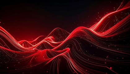 A vibrant red, flowing, abstract digital art piece. The curves and lines evoke a sense of energy and movement. Dark background