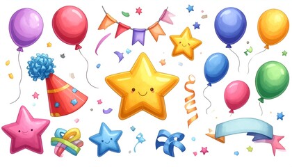 Vibrant collection of whimsical party elements balloons, stars, flags, confetti, ribbons