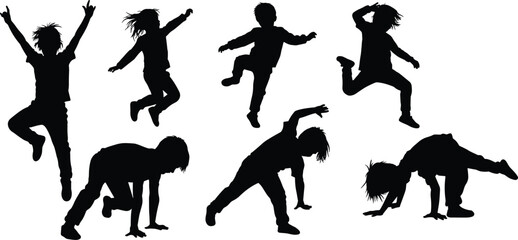 Silhouette of active children jumping and dancing in playful energetic poses, happy kids performing fun movements and joyful gymnastics on white background, vector illustration