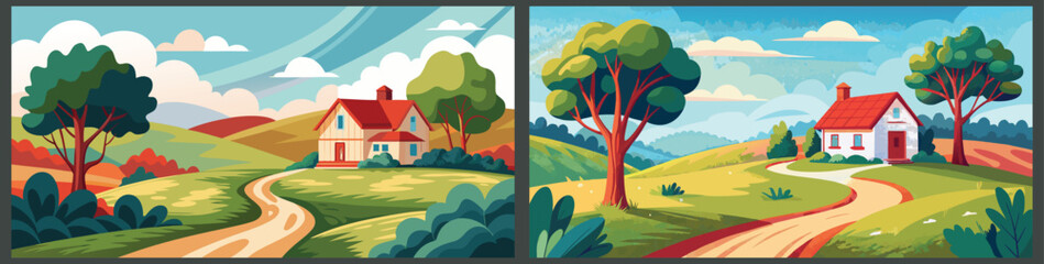 Obraz premium Cartoon landscape background with house and trees vector illustration for creative design use 