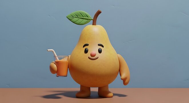 Cute cartoon pear character holding a drink with a straw.