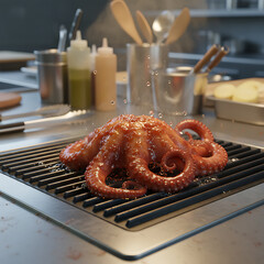 A succulent octopus glazed in a savory red sauce sizzles on a professional kitchen grill, a true gourmet delicacy